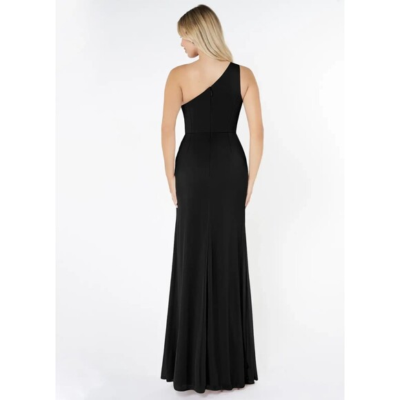 Azazie Jhene One Shoulder Pleated Side Slit Maxi Dress Black Size A10 - Picture 2 of 10